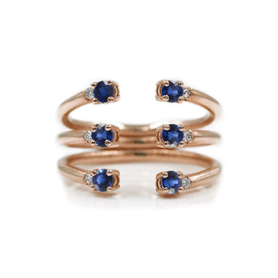 The Ally 14k rosegold diamond ring, blue sapphire, open design.